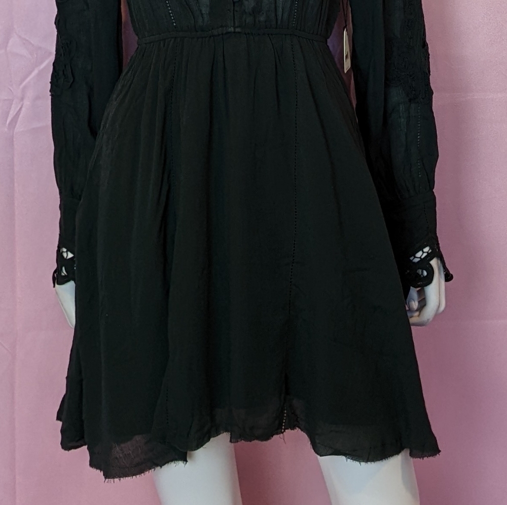 Free People Black Lace Button Bodice Long Sleeve Mini Dress size XS - Picture 3 of 9